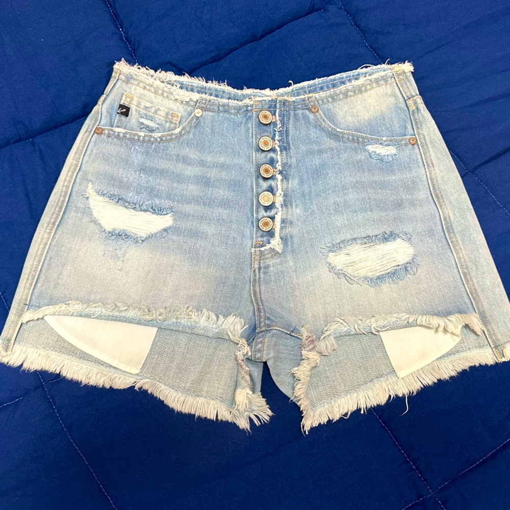 KanCan Distress Light Wash Denim 11" HIGH Rise Button Fly Cute Shortie Shorts S - Picture 7 of 14
